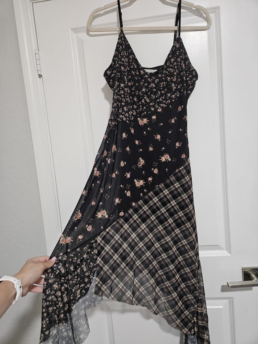 No Boundaries Black Floral & Plaid Midi Slip Dress with Pink Roses
